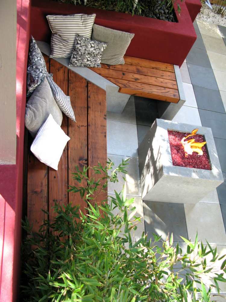 krbová záhrada so sedacou budovou betón-plyn-červená-ohňovzdorná sklenená lavička