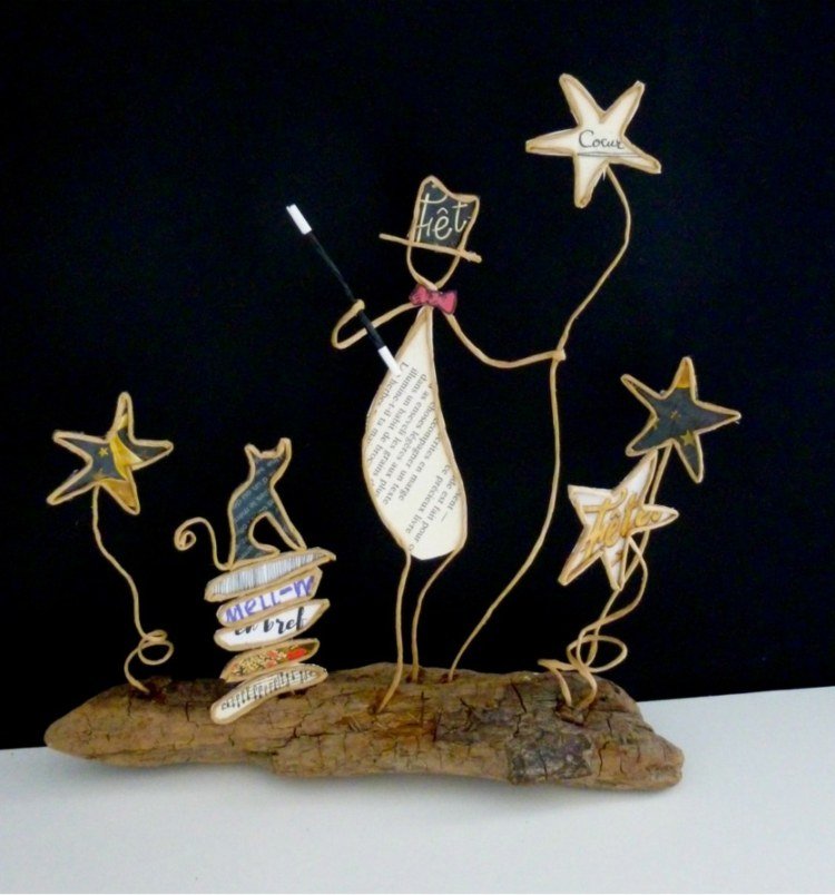 Čarodejník s cylindrom, kúzelnou palicou. Mačka a hviezdy