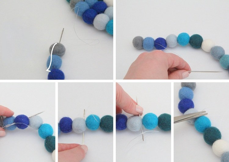 Najprv zošite všetky gule k sebe jednu za druhou ako reťaz Felt-ball-carpet-round-do-it-yourself-instructions-ball-chain-ihla