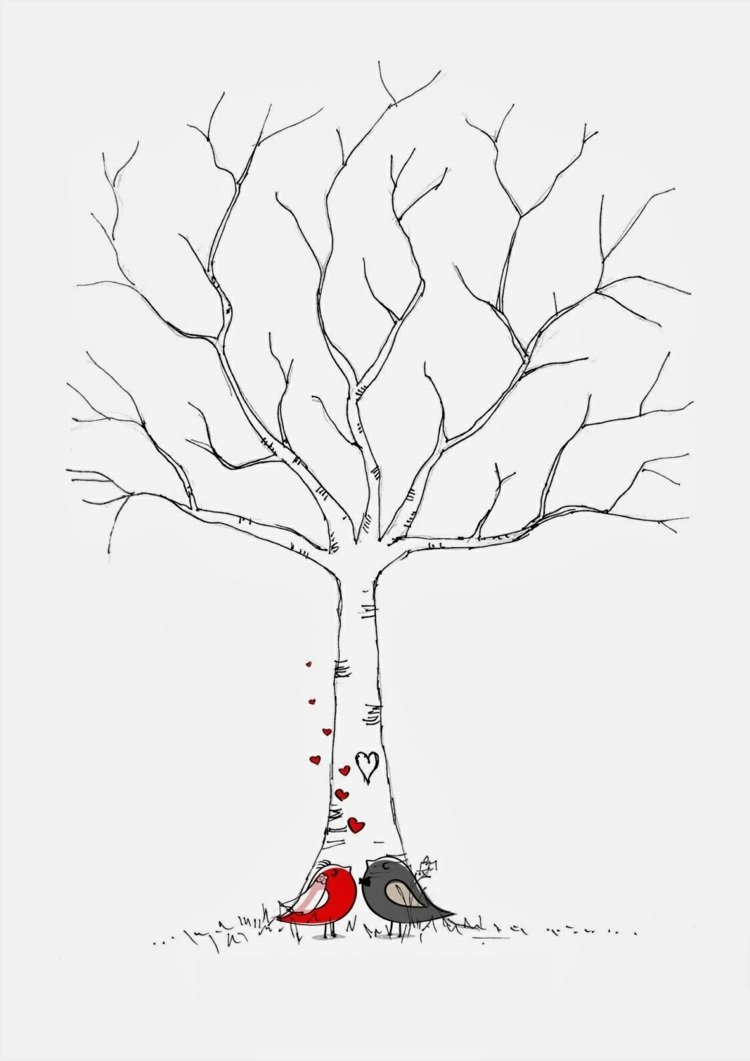 šablóna stromu odtlačkov prstov, ozdoba-listy-breza-vtáky-v láske