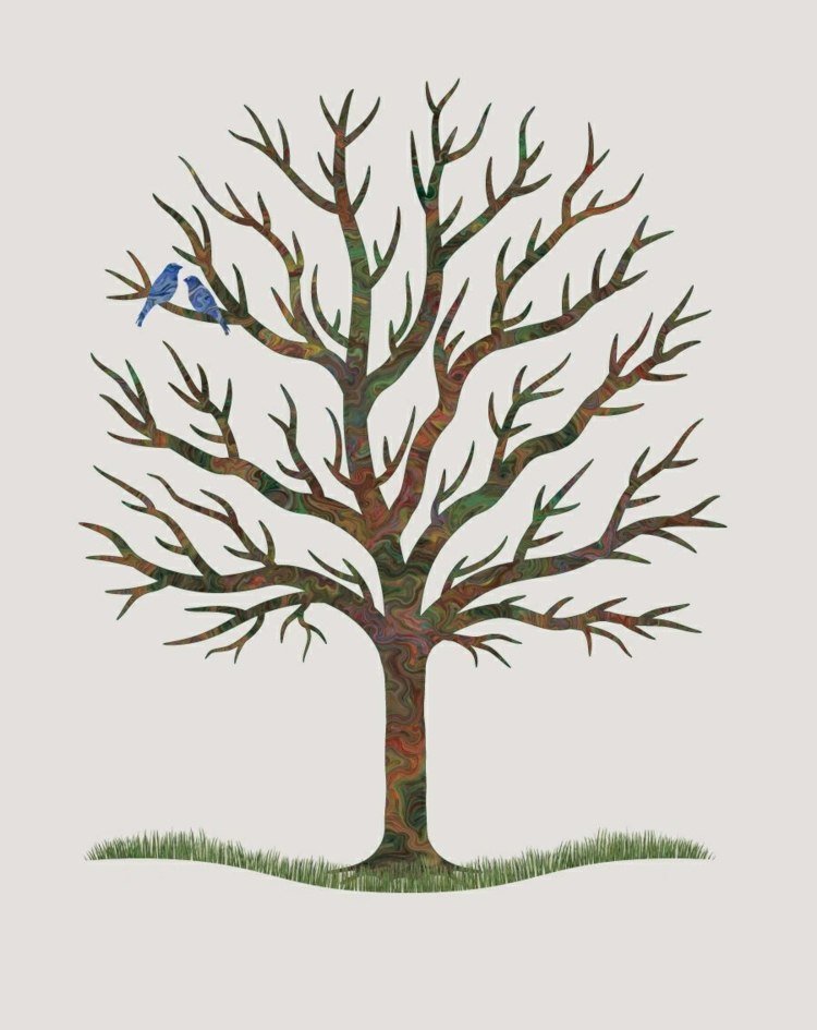 odtlačok-strom-šablóna-akryl-mramor-vzor-zelená-hnedá-vtáky-modrá