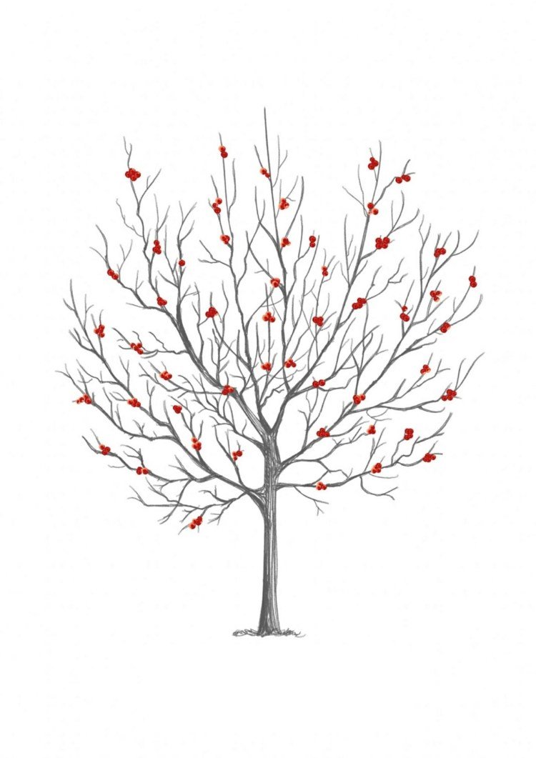odtlačok prsta-strom-šablóna-bobule-červená-jeseň-bez tlače