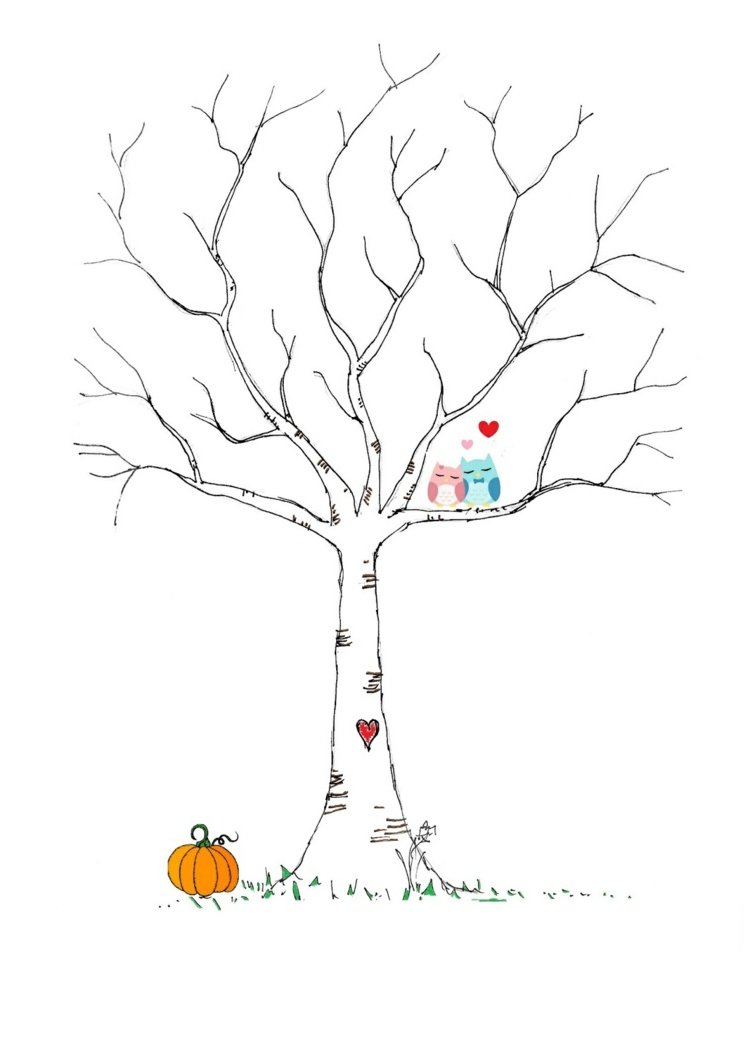 odtlačok-strom-šablóna-breza-farby-sova-v-láske-tekvica-srdce