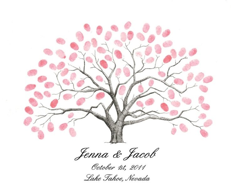 strom s odtlačkami prstov na svadobné ružové kvety-listy-kutilská kniha hostí