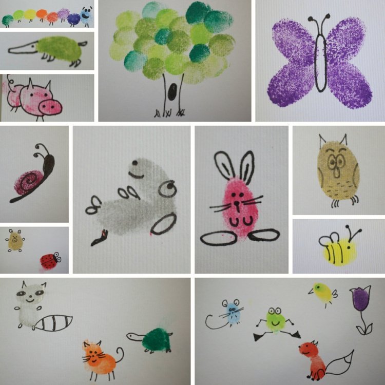 odtlačok prsta zvieratá nápady pre deti motýľ líška žaba včelia sova húsenica