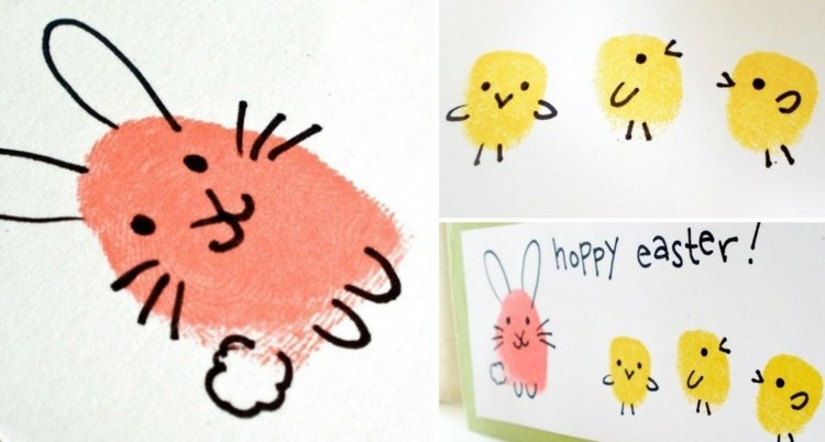 odtlačky prstov-obrázky-veľkonočné zvieratá-stimulácia kurčiat-králik-ružovo-žltý