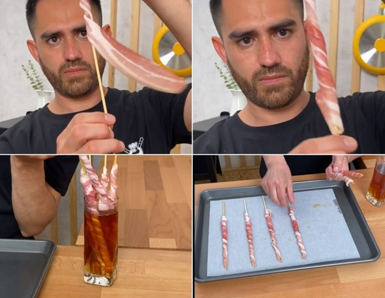 Raňajky z prstového jedla na špajdle - slaninu omotajte okolo špajle na kebab a dajte piecť