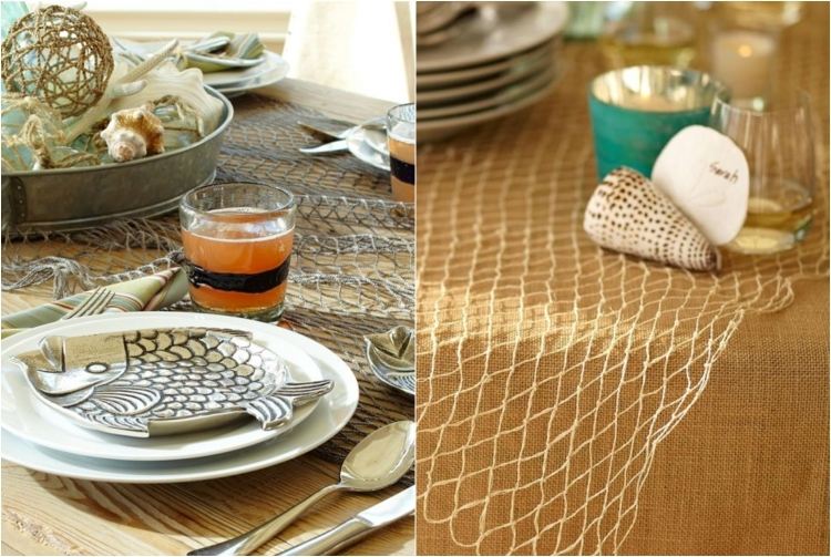 Bežec na stôl na rybársku sieť ako základ pre ďalšie dekorácie rybárska sieť-stôl-dekorácia-bežec-stôl-ľan-obrus-mušle