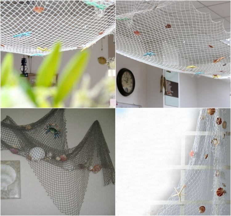 Rybárske siete zavesené na stene a strope Rybárska sieť-dekorácia-stena-strop-mušle-hviezdice