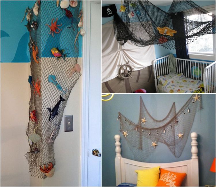 Detské hračky a mušle v rybárskej sieti Rybárska sieťová dekorácia škôlka-stena-strop-zavesená