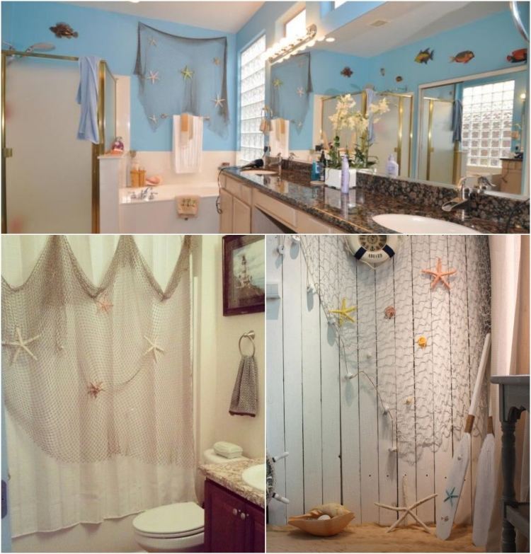 Kúpeľňa zariadená v námornom štýle s rybárskymi sieťami Rybárska sieťová dekoratívna nástenná škrupina hviezdice