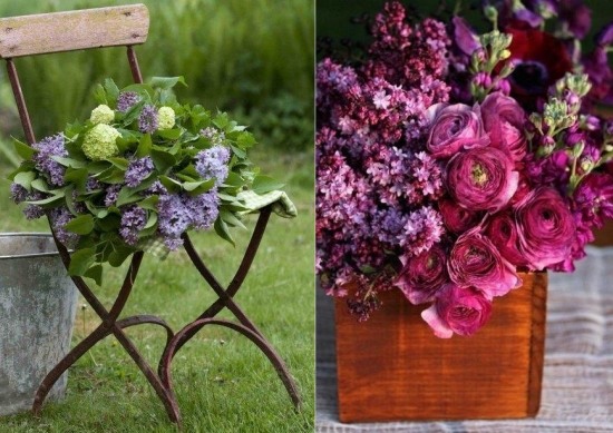 váza na jarné kvety lila kytica záhradná stolička