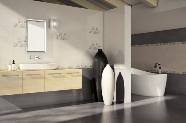 Deco-v-kúpeľni-dlaždice-s-kvetinovými vzormi-svetlo-a-antracitové