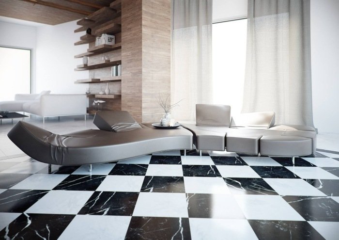 Dlaždice zo šachovnicového vzorového čiernobieleho mramorového dizajnového gauča