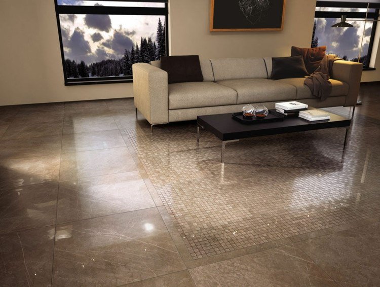 dlažba kameň vzhľad nadprirodzený obývacia izba hnedá lesklá podlaha nápad