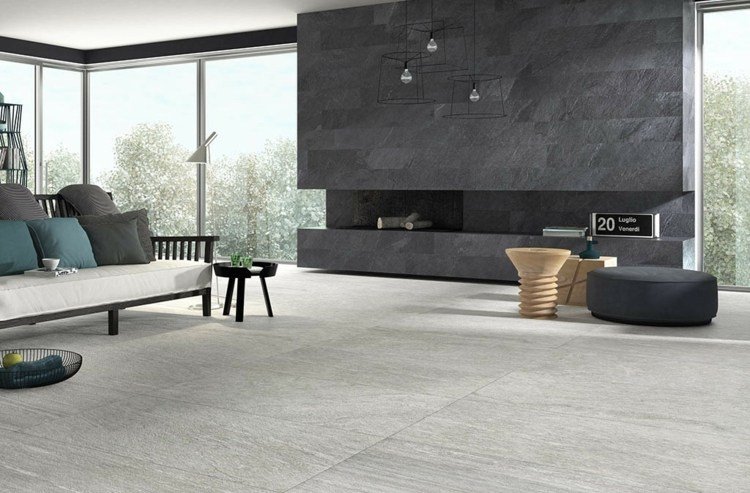 dlaždice kameň vzhľad kamenný plán tmavosivý svetlo sivý obývacia izba krb moderný interiér