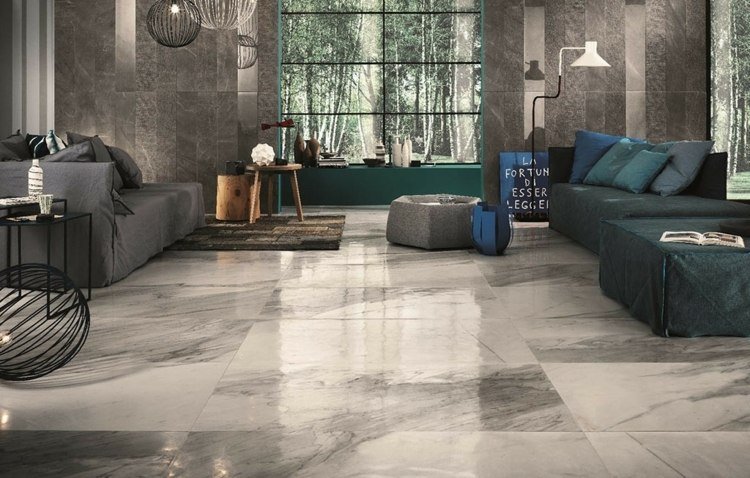 dlaždice kameň vzhľad biely zážitok veľká dlažba obývačka luxusný interiér nápad