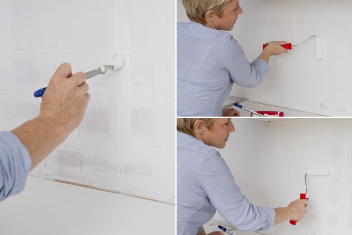 Okoreňte zadnú stenu kuchyne - natrite staré dlaždice bielou farbou Maľba dlaždíc -kuechenrueckwand -skrášliť