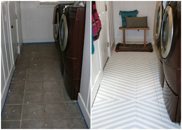 Okoreňte sivé podlahy v práčovni Maľovanie dlaždíc-práčovňa-podlaha-pred-po-páse