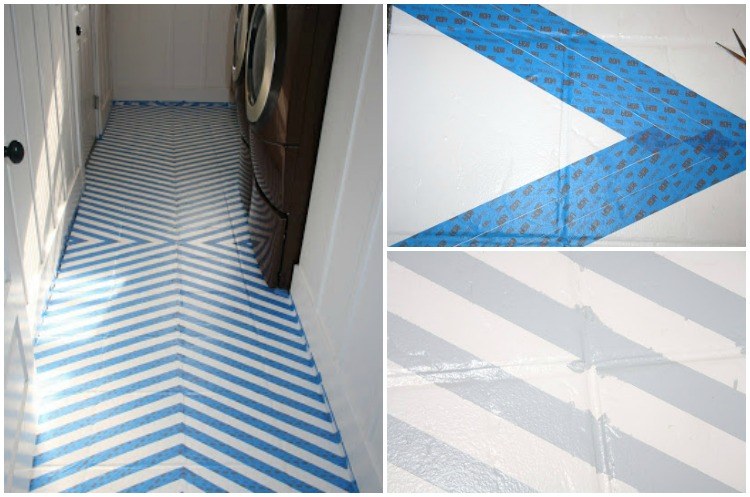 Na dlažbe vytvorte sivý a biely geometrický vzor Maľba na dlaždice-podlaha-práčovňa-pruhy-bielo-sivá