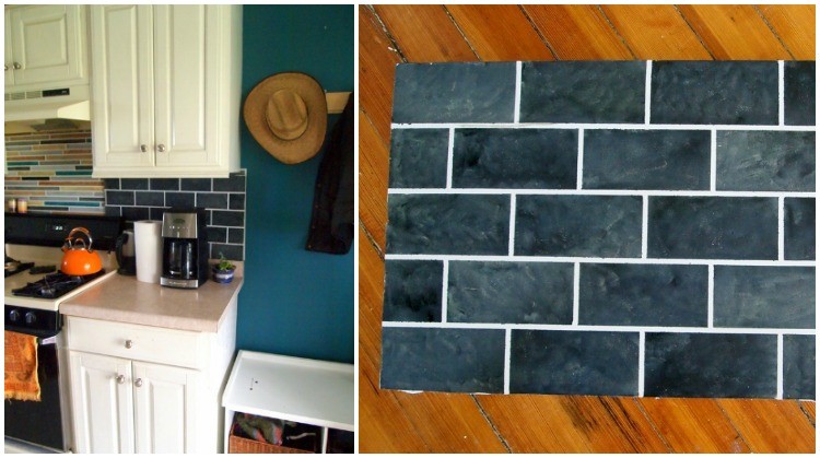 Dosiahnite vzor dlaždíc na kuchynskej stene pomocou modrej textilnej pásky škárovanie-maľovanie-obklad-stena-farba-urob si sám-spoje