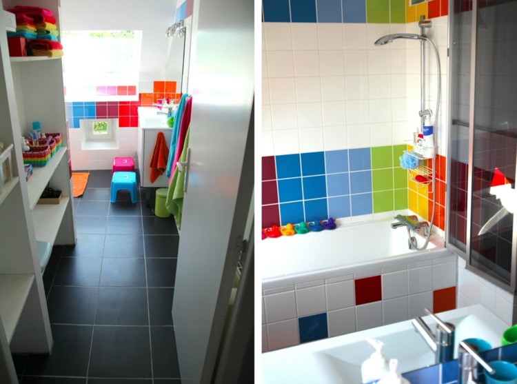 farebné dlaždice farby dúha podlaha čierna kúpeľňa deisgn nápad