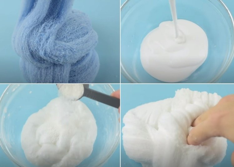 Zmiešajte remeselné lepidlo, vodu, borax a umelý sneh