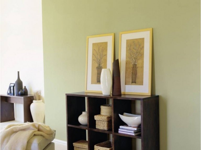 Farebná schéma vstupného priestoru pastelové farby, ako je zelená a piesková farba a nábytok z tmavého dreva