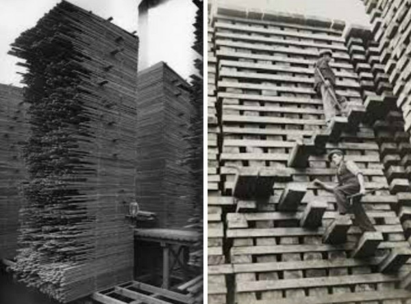 päť nadrozmerných predmetov rezané drevené dosky naskladané-drevo-je-naložené