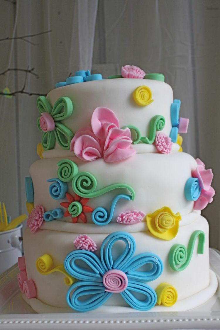 Fondantová torta-farebné-farby-veselé-kvety-kvetinové-narodeninové-quilling