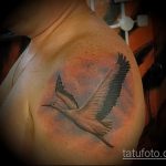 Hűvös példa a kész gólya tetoválásra - a rajz alkalmas gólya tetováláshoz babával