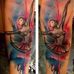 صورة وشم راقصة الباليه №428 - نسخة جديرة بالنمط ، والتي يمكن استخدامها بشكل جيد لتحويل وتطبيق راقصة الباليه الصغيرة كوشم
