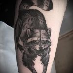 fénykép a mosómedve tetoválásról, 878 - a minta egyedi változata, amely sikeresen használható mosómedve tetoválás feldolgozására és felhelyezésére a vádliján fényképként