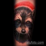 fotó a mosómedve tetoválásról, 258. szám - a minta egyedi változata, amely sikeresen használható egy mosómedve vázlatának átalakítására és vállra vitt tetoválására