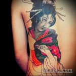 снимка на татуировка на гейша # 411 - готина версия на рисунка, която може успешно да се използва за промяна и приложение като татуировка на гейша на крака