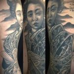 снимка на татуировка гейша № 415 - уникална версия на модела, която може успешно да се използва за преразглеждане и прилагане като татуировка на гейша по целия гръб