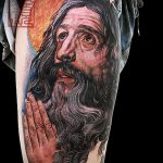 Fénykép a Jézus Krisztus tetoválásról, 191. szám - a rajz méltó változata, amely jól használható felülvizsgálathoz és alkalmazáshoz, mint Jézus Krisztus tetoválása a hátán