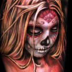 A muertos tetoválás # 454 a minta klassz változata, amely jól használható a maszkok átalakítására és felhelyezésére muertos tetoválásként