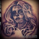 muertos tetoválás 121. szám - a minta egyedi változata, amely sikeresen használható a santa muerte tetoválás átalakítására és alkalmazására