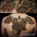 A steampunk tetoválás # 926 a minta hűvös változata, amely sikeresen használható a steampunk ujjú tetoválás feldolgozásához és alkalmazásához