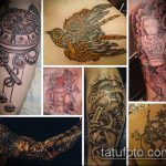 A steampunk tetoválás # 938 a minta érdekes változata, amelyet sikeresen lehet használni a feldolgozáshoz és a steampunk tetováláshoz a lábán