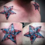 A csillag tetoválás képe a kulcscsonton # 251 a minta egyedi változata, amely sikeresen használható a kulcscsontok és a térd csillagtetoválásához és feldolgozásához.