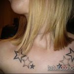 A csillag tetoválás képe a kulcscsonton # 241 a minta klassz változata, amely sikeresen használható átalakítására és csillagtetoválásként történő alkalmazására a kulcscsonton, közelebb a nyakhoz