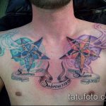 A csillag tetoválás képe a kulcscsonton # 780 a minta érdekes változata, amely jól használható a lányok kulcscsontjainak véglegesítéséhez és csillag tetoválásához