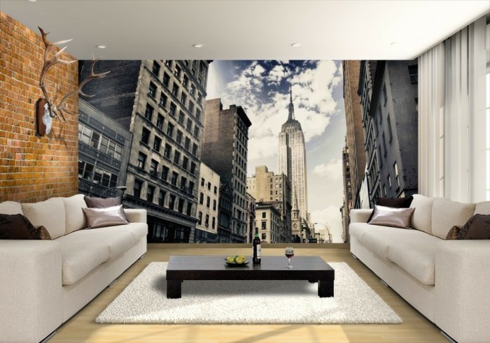 Fototapetu New York je možné kombinovať s bielym nábytkom a drevenou podlahou Foto tehlová stena New York