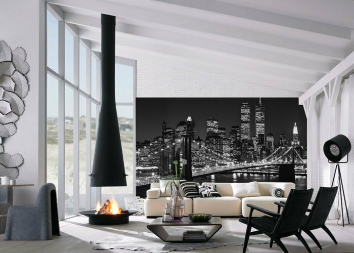 Fototapeta New York v modernom apartmáne s krbom Ohnisko-nástenná maľba-čierno-biele-brrokly-most