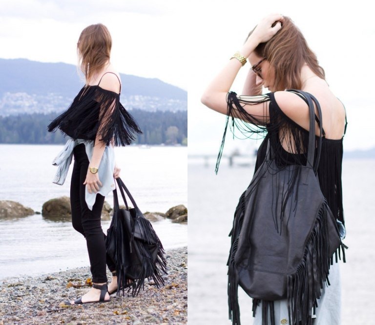 Top bez ramienok so strapcami - letný look Fringed shirt-do-it-yourself-boho-chic-rameno-zadarmo