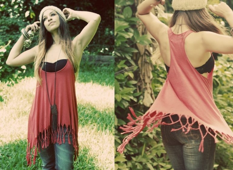 Letná móda v boho looku - top so zauzlenými strapcami Fringed shirt-do-it-yourself-uzol-top-top