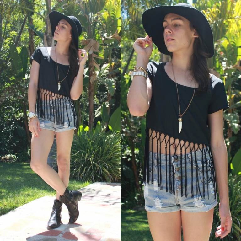 Čierny top s strapcami a uzlami Tričko s krátkymi rukávmi, urob si sám