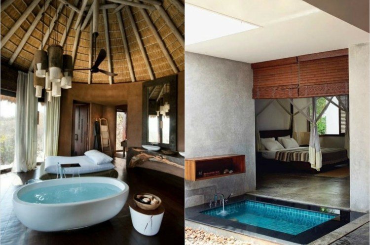 Kúpeľňa a spálňa v jednej miestnosti s exotickým nábytkom vaňa-spálňa-hnedá-posteľ-biele-závesy-exotické zariadenie